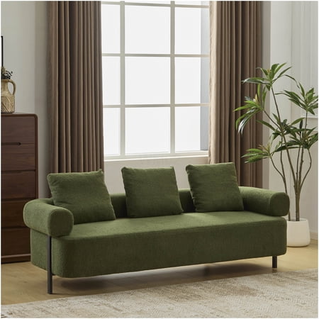78 Inch Modern Green Boucle Fabric Sofa 3-Seater Oversized Couch with Plush Pillows for Living Room and Apartment