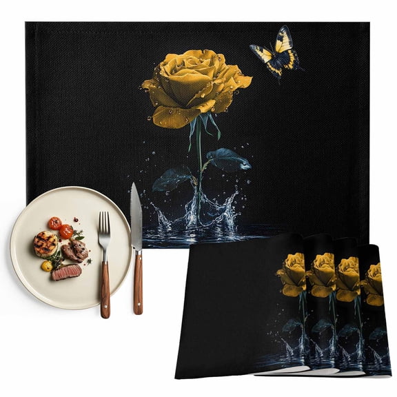 Placemats Set of 4, Yellow Rose Place Mats Butterfly Splash Black Tablemats Washable Placemat Table Decoration for Kitchen Table Dinner Party Home Decor Indoor Outdoor 13x19 Inch