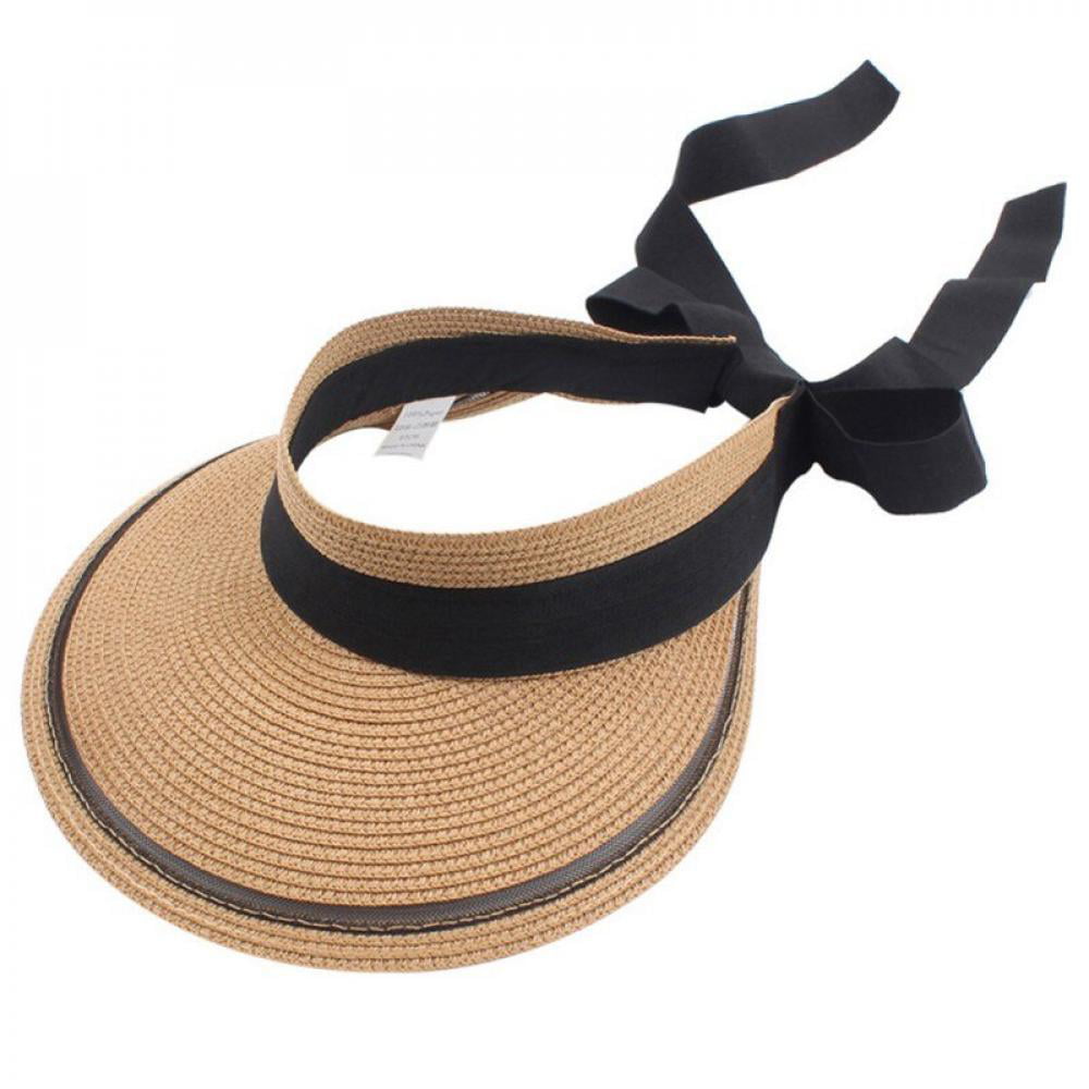 Womens Sun Visor Foldable Straw Hat UPF50 UV Protection Wide Brim Beach Sun Hat Adjustable 