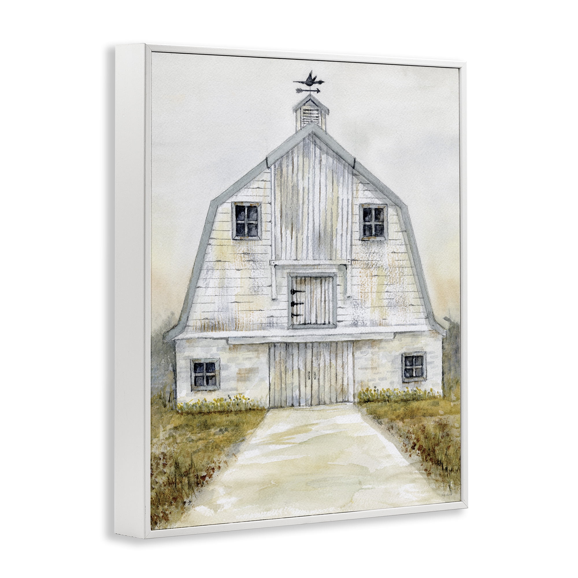 Stupell Industries White Barn Grey Trim Landscape Painting White Framed Art Print Wall Art, 16 x 20