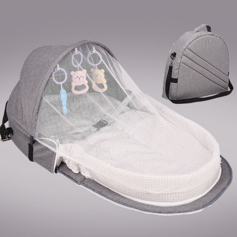 Tititek Baby Bed Travel Crib Grey Foldable Bassinet Infant Sleeping Basket with Toys for Newborn Baby Mummy Bag Portable Toddler Bed Baby Crib with Mosquito Net
