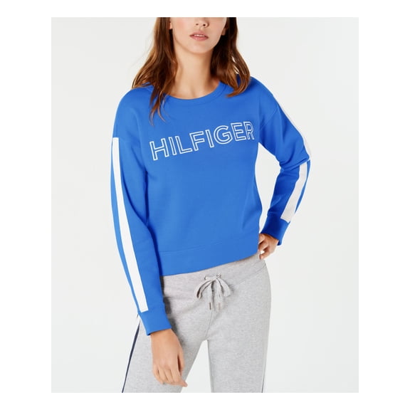TOMMY HILFIGER $59 Womens 0195 Blue Striped Sleeve Logo Fleece Sweater XL