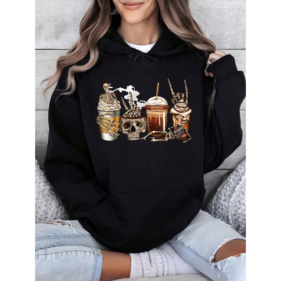 Halloween Skull Coffee Print Hoodie, Long Sleeve Crew Neck Casual Top For Autumn & Spring, Women's Clothing
