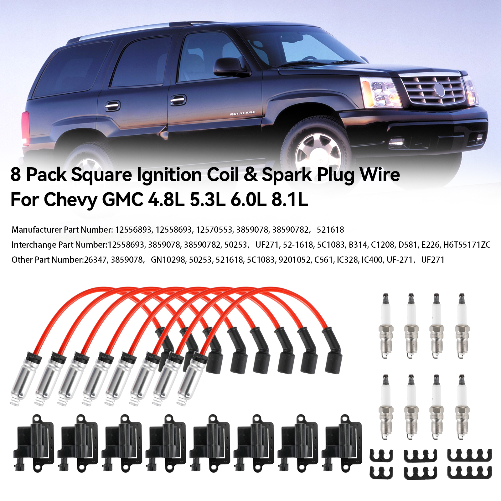 8x Ignition Coil, Spark Plug & Wire Set – For Chevy GMC 4.8L 5.3L 6.0L 6.2L 8.1L V8, UF271 Square COP