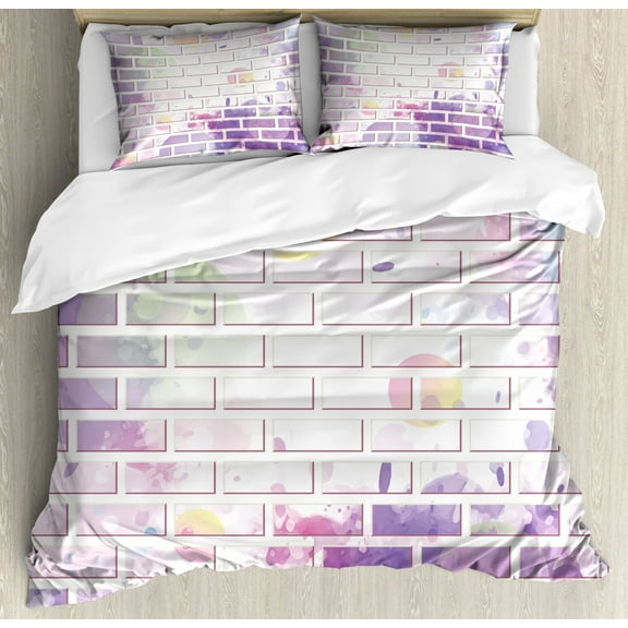 Wall Duvet Cover Set, Vector Illustration of Graffiti Brick Wall Pattern Design Street Art, Decorative 3 Piece Bedding Set with 2 Pillow Shams, Queen Size, Violet and Lavender, by Ambesonne