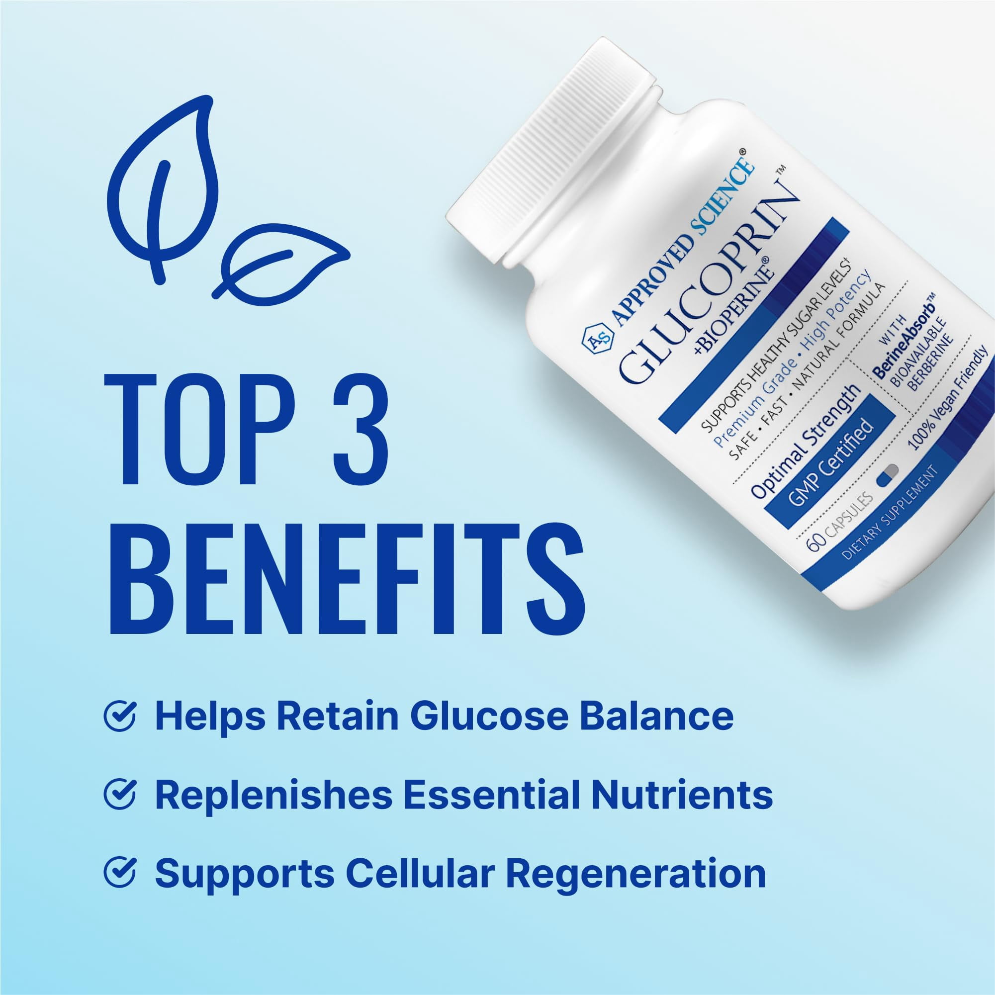 Approved Science Glucoprin - 250 mg Berberine, Mulberry, Cinnamon, BioPerine,  Non GMO- Made in The US - 1 Bottle - 60 Vegan Capsules