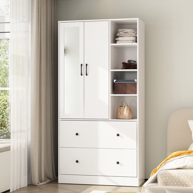 Wiawg Armoire Penderie à 2 Portes, Rangement de Garde-Robe Miroir avec Tiroirs et Étagères, Blanc