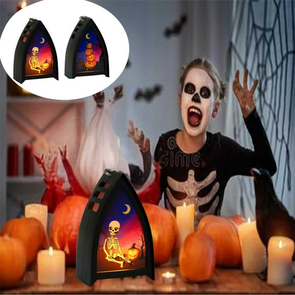 kkbbma 2 faroles de Halloween con hasta un 50 % de descuento - Luces decorativas de farol con diseño de calavera y calabaza, faroles de cristal con LED para velas pequeñas Regalos para interiores,