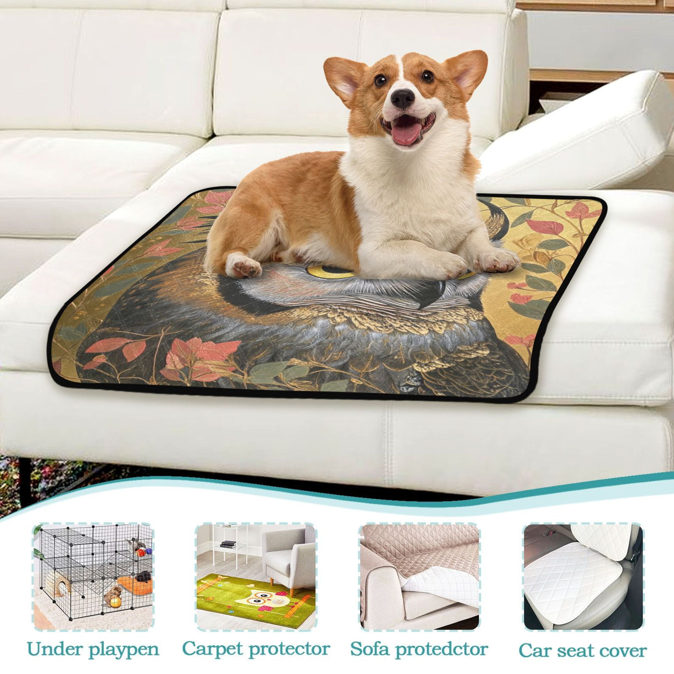 Qxltty Owl Leaves Yellow Pattern Cat litter Pads Pet Set of 3 Diaper Mats Center Anti-leakage Layer Absorbent Soft and Comfortable