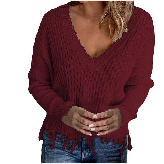 IROINID Women's V-Neck Pullover Sweater Solid Color Loose Mid-Length Long Sleeve Sexy Ruched Blouse Tops