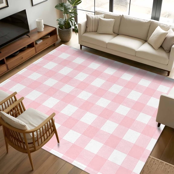 6x9 Area Rugs, Pink Buffalo Plaid Non-Skid Rubber Backing Large Rectangle Rugs - Living Room Bedroom Home Office, Farmhouse Pink White Checkered Indoor Floor Mat Carpets Washable Rug