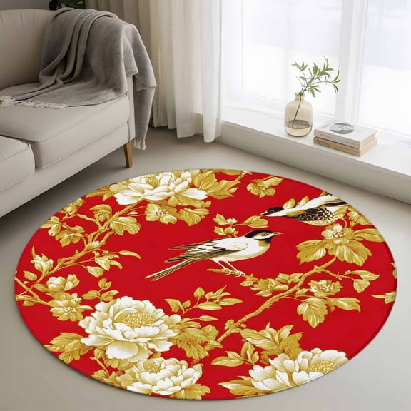 Yellow Red Flowers Round Rug 3ft Washable Circle Entryway Rugs Non Slip Luxury Spring Floral Birds Area Rug Indoor Floor Carpet for Bedroom Kitchen Living Room Home Office Dining Room Nursery
