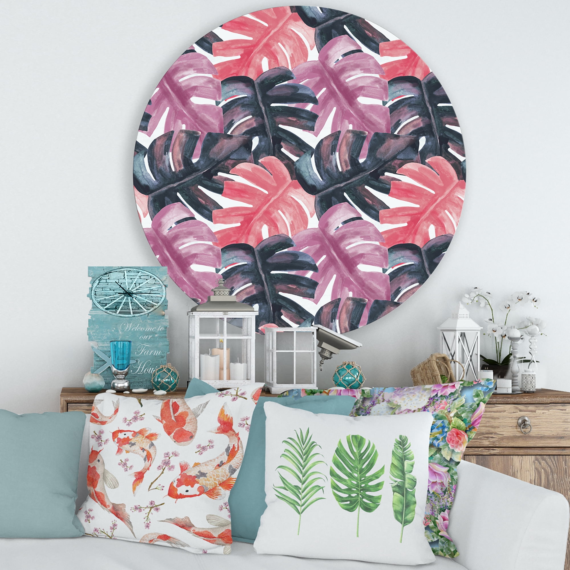 Designart 'Black and Red Monstera On Rough Brush Strokes II' Tropical Circle Metal Wall Art 29x29 - Disc of 29