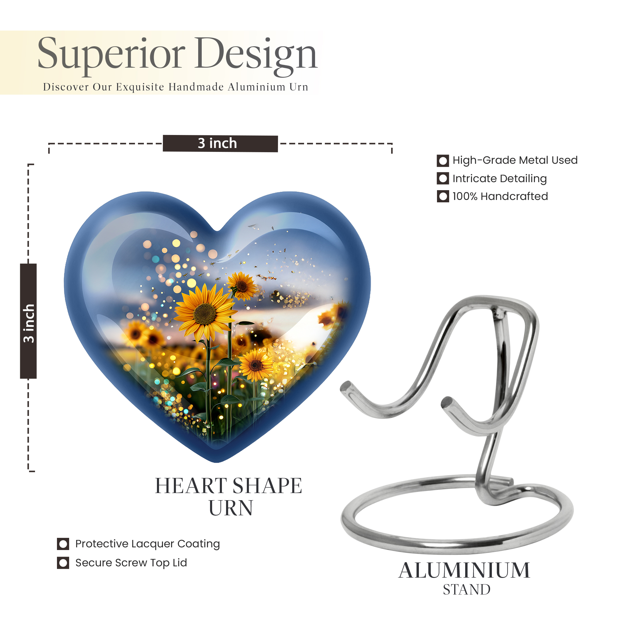 KARYLIZ Sunflower Urns for Human Ashes Adult Man - Cremation Urn for Ashes Adult Male, Female & Child - Mini Heart Urns for Female - Small Funeral Keepsake for Women - Memorial Decorative ( 3inch)