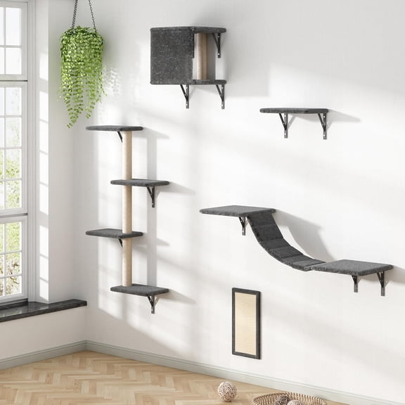 Cat Wall Shelves, Wall-Mounted Cat Climber Set of 5, Floating Cat Perches, Hanging Cat Beds, Modern Cat Furniture for Large Cats or Kitty (Grey)