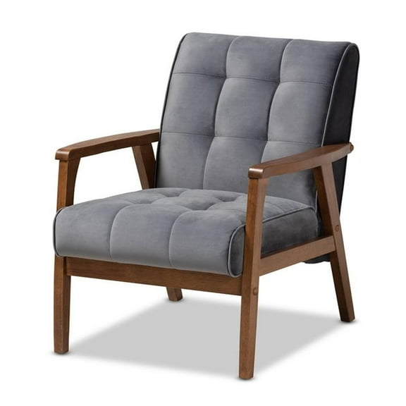 Bowery Hill Grey Velvet Upholstered Walnut Wood Armchair
