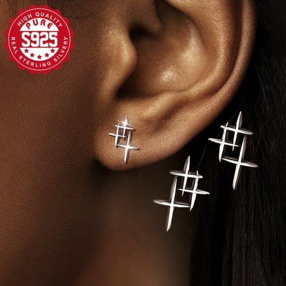 ATJIA 925 Sterling Silver Cross Star Earrings for Women Men Retro Minimalist Simple Cross Cartilage Stud Earring Hypoallergenic