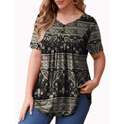 U.Vomade Women's Plus Size Top V-neck Button Pleated Tunic Tops M-4X