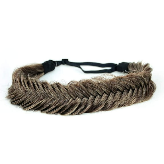 DIGUAN Wide Fishtail 2 Strands Synthetic Hair Braided Headband Classic Chunky Plaited Braids Elastic Stretch Hairpiece (#Gray Brown)