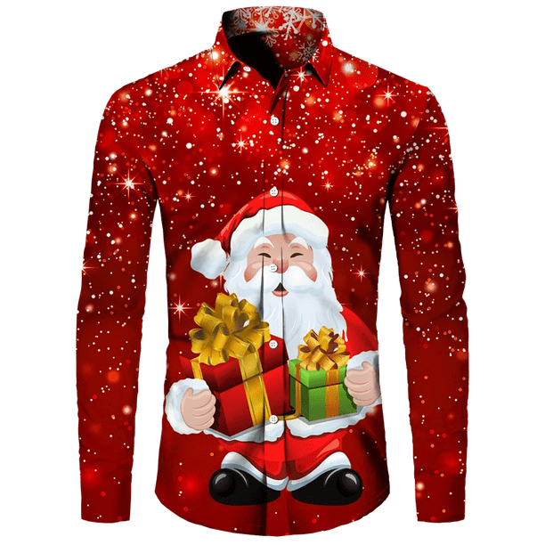 Camisa hawaiana con tema navideño de Papá Noel para hombre, Tops informales Vintage, ropa de manga larga con estampado de flores en 3d, vacaciones Y2k