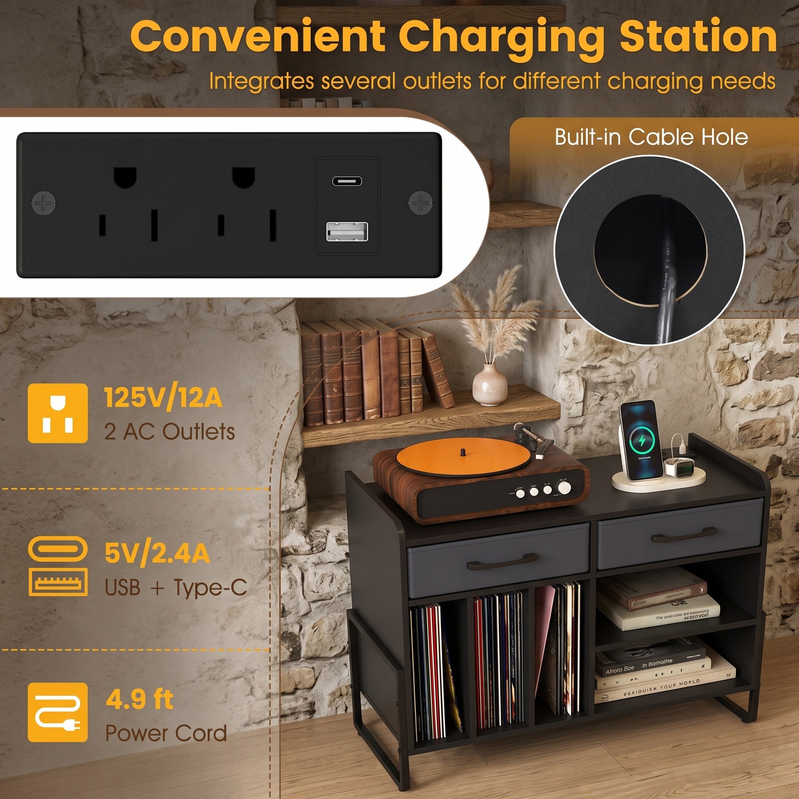 Furnibear Record Player Stand with Charging Station, Mid Century Modern Vinyl Storage Cabinet with USB and Type-C Ports, 2 Fabric Drawers and Adjustable Shelf, Black
