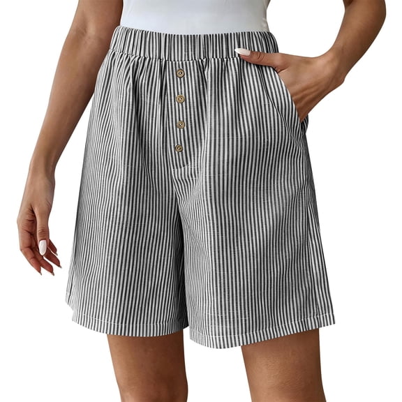 cocolona Womens Summer Casual Striped Lounge Shorts Elastic Waist Straight Wide Leg Beach Shorts with Pockets
