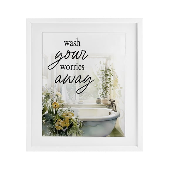 Stupell Industries Shabby Chic Wash Worries Away Sunlit Bath White Framed Print Under Glass, 17 x 21, by Lettered and Lined