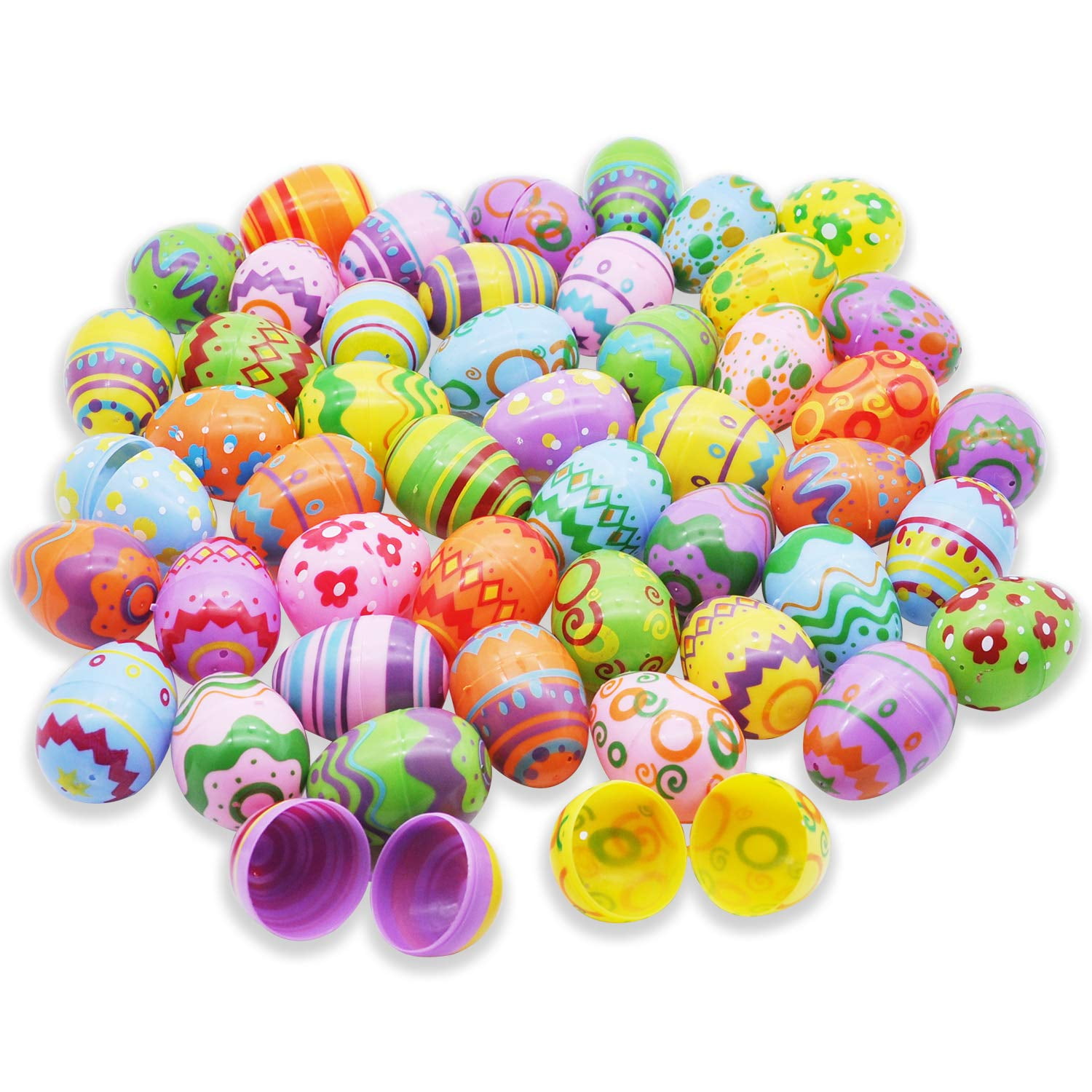 Joyfy 48 Pcs Bright Easter Eggs, 2.3" Tall Emply Plastic Printed Easter Eggs for Easter Egg Hunt, Basket Stuffers Fillers, Classroom Prize Supplies, Filling Treats and Party Favor