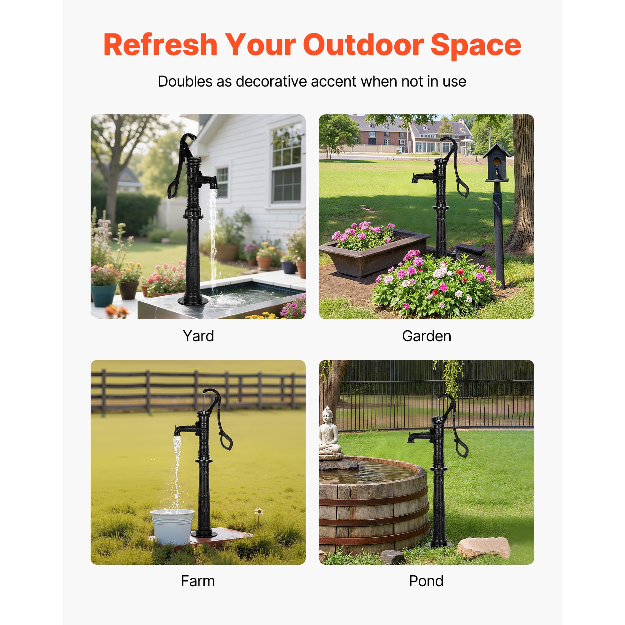 KFFKFF Cast Iron Hand Well Pump  with Base, 20 ft Max Lift, Antique  Manual Water Pump with NPT 1-1/4 in Connection, Decorative Pitcher Pump  for Gardens, Ponds, Yards, and Farms, Black