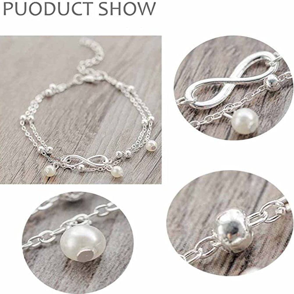 Silver Fashion Hot Pearl Anklet Jewelry Female Hand Beaded Double Chain Footwear Beach Footwear Fashion Simple and Generous 