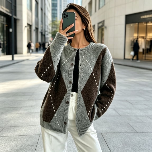 Bnwani Womens Vintage Argyle Knit Cardigan, Round Neck Button Down Long Sleeve Loose Sweater Coat for Fall Winter Brown L