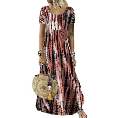 

Avamo Casual Tie Dye Swing Long Dress for Women Short Sleeve Summer Beach Maxi Dress Comfy Pajamas T Shirt Dress