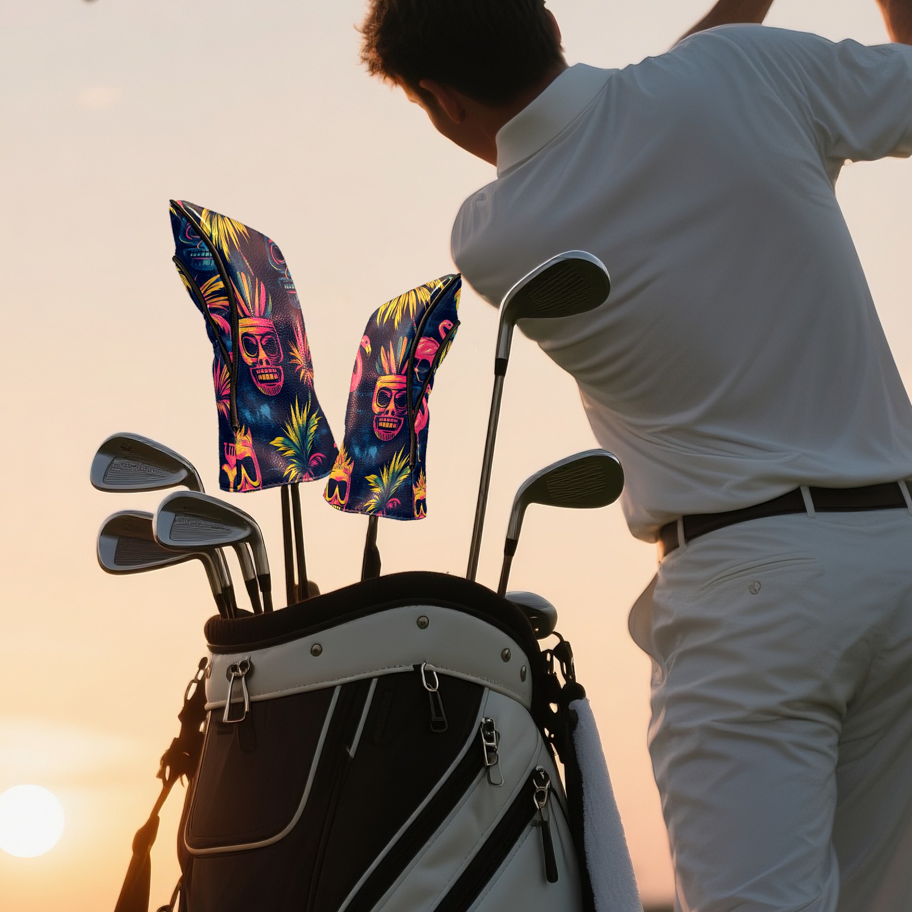 Golf Club Covers, Multicolor Tiki Skulls Premium PU Leather Driver Hybrid Putter Head Covers with Velvet Lining, Waterproof Golf Gifts for Men Women
