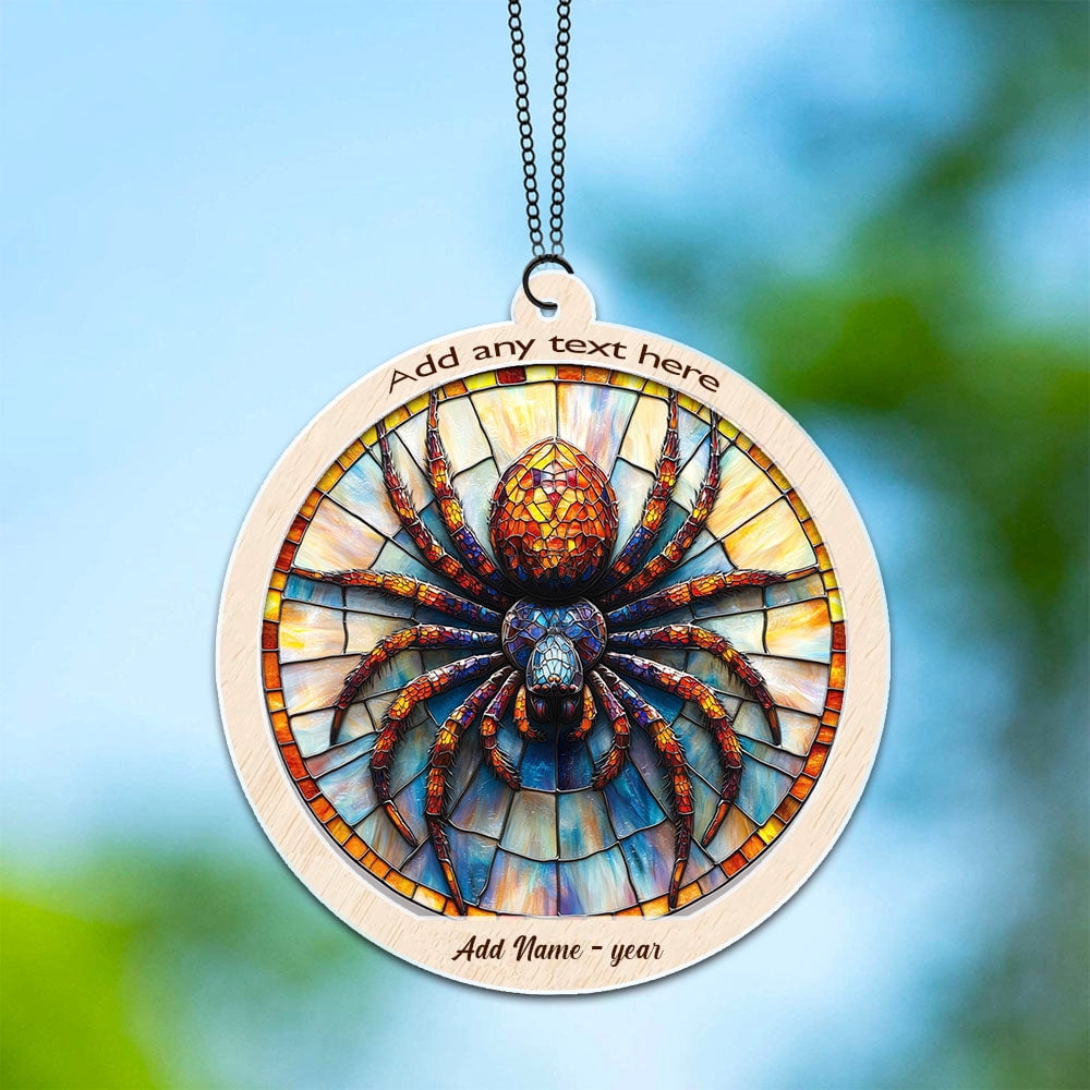 Jumping Spider Stained Glass Suncatcher Ornament – Holiday Ornament with Text for Loved Ones, Family & Friends, Christmas 2025 Decoration
