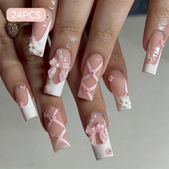 24Pcs Medium Long Square Press On Nails, White French Tip with 3D Bow Full Cover Glossy Acrylic Fake Nails Reusable Glue On False Nail Tips for Bridal Party Romantic Sweet Women Nail Art Decoration