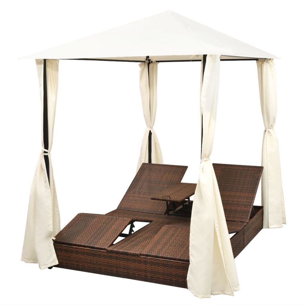 Kepooman Patio Rattan Double Sun Lounger Set with Curtains for Beach Garden, Brown Kepooman Patio Rattan Double Sun Lounger Set with Curtains for Beach Garden, Brown