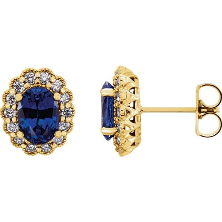 14k Yellow Gold Gem Quality Chatham® Created Blue Sapphire & 3/8 Ct Diamond Halo Stud Earring