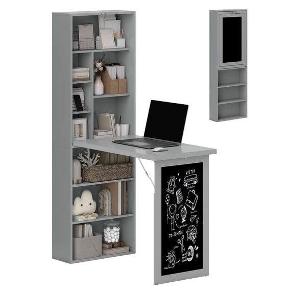 Fold Out Desk, Wall Mount Computer Desk with Blackboard & Shelf - Charcoal Gray
