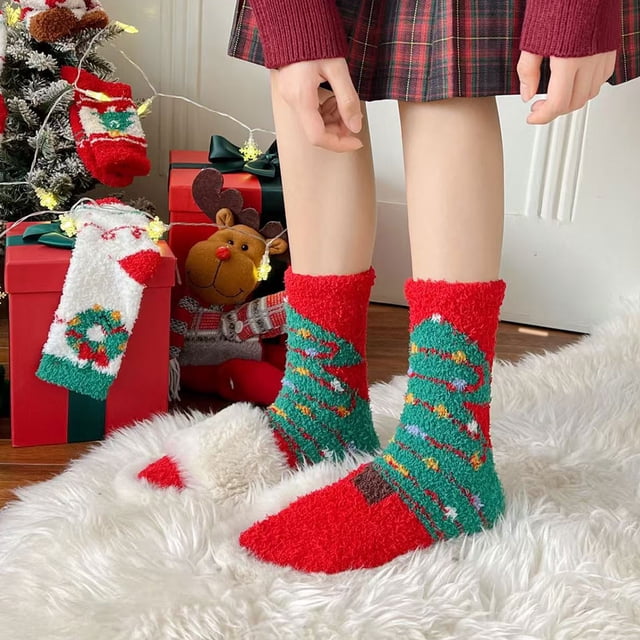 Calcetines navideños de polar para mujer | Calcetines térmicos ultrasuaves de invierno | Calcetines antideslizantes de media pantorrilla | Estampados festivos | Pack de 2 para estar en casa