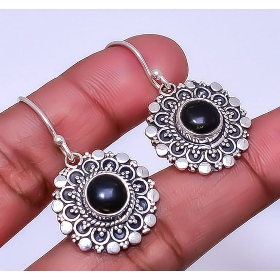 Copper Black Turquoise 925 Sterling Silver Bali Earring 1.33" E_9336_134_36, Gemstone Silver Jewelry, New Year Sale, Valentin's Day Gift