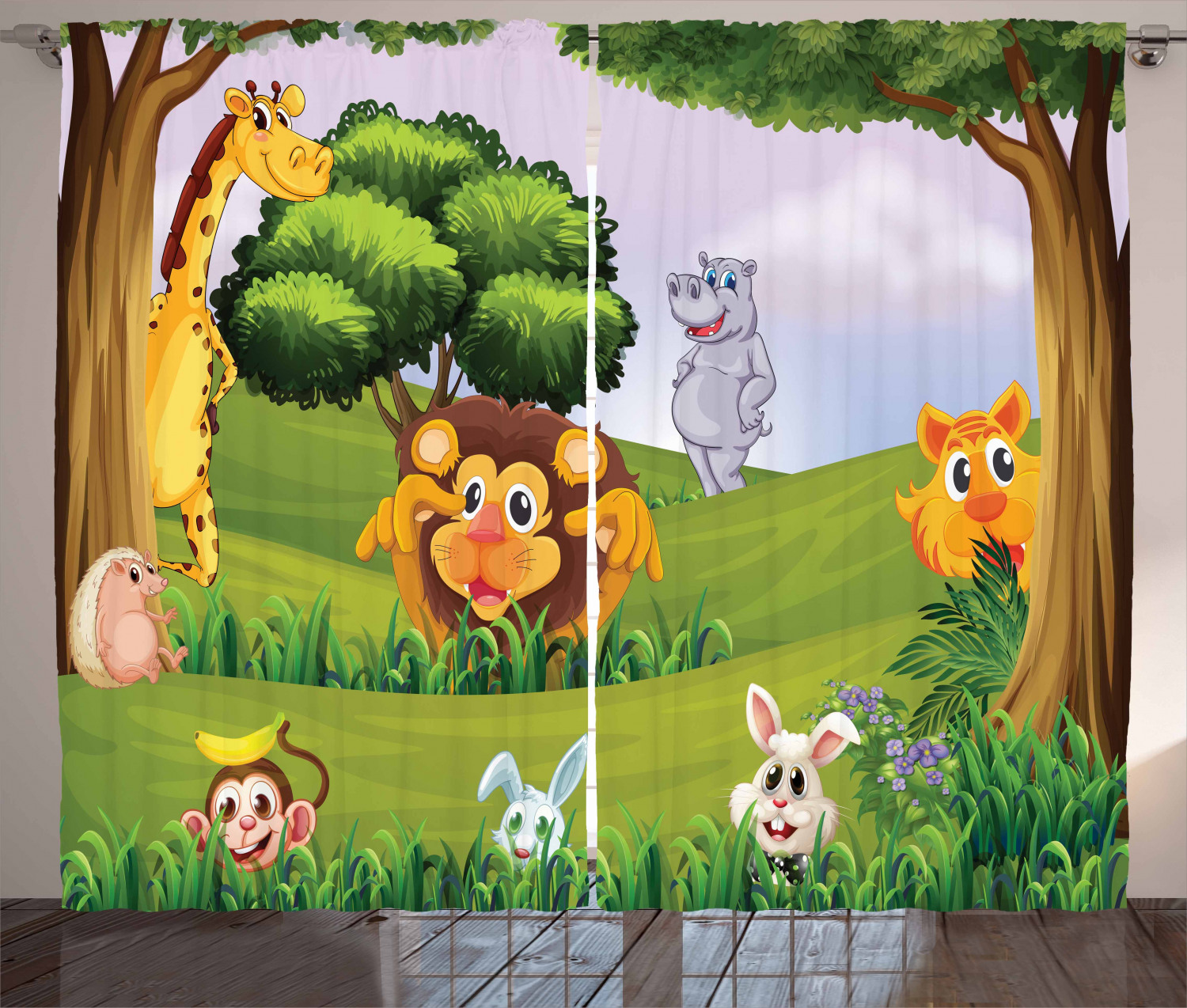 Zoo Curtains 2 Panels Set, Animals in the Forest Cartoon Illustration