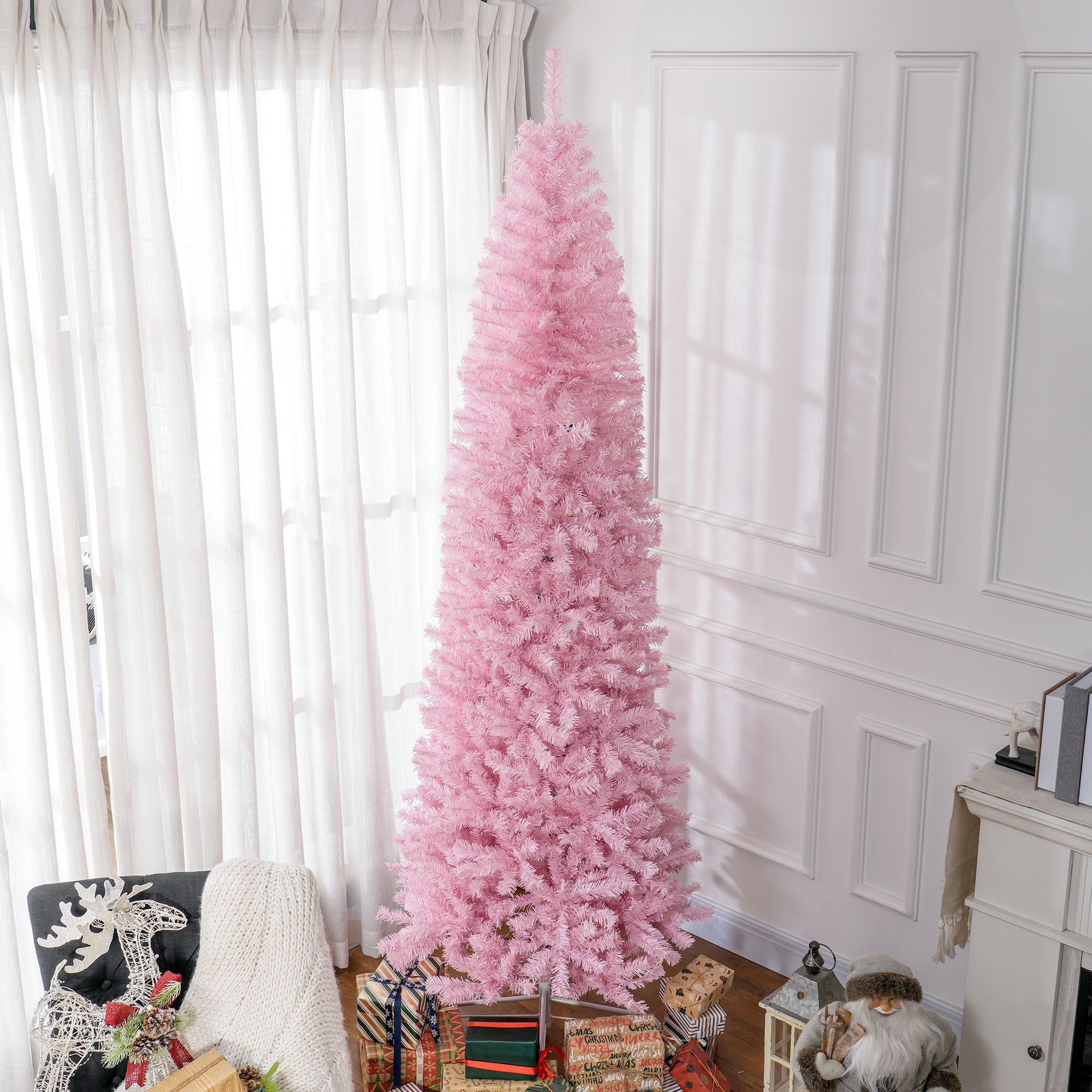8ft Pencil Christmas Tree, Unlit Artificial Christmas Tree Slim Douglas Fir Xmas Tree with Realistic Branches, Halloween Tree with 1168 Tips