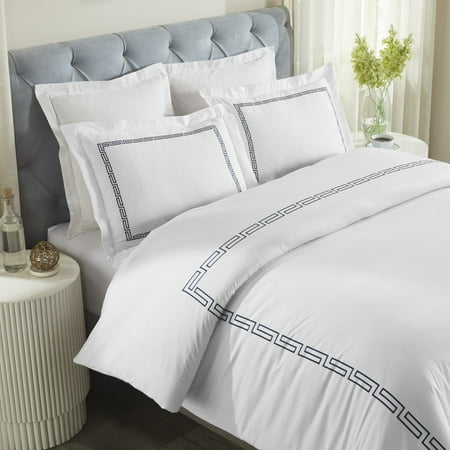 Superior Harrison Embroidered Cotton Duvet Cover Set, King/California King, White/Navy Blue