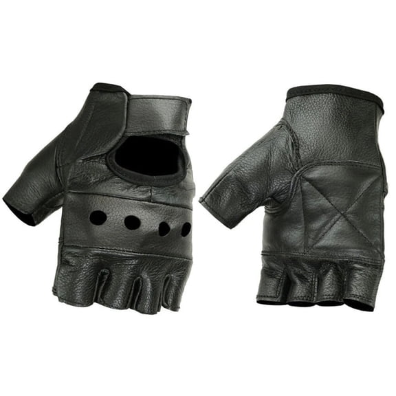 Men’s Leather Gloves – Cowhide Leather - Fingerless Motorcycle Gloves with Perforated Panels and Wrist Strap