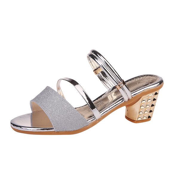 Ketyyh-chn99 Dressy Sandals Womens Walking Shoes Flip Flops for Women Sandals Shiny Rhinestone Strap Middle Heel Chunky Heel Open Toe Sandals (Silver, 8)