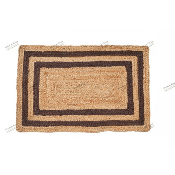 Rectangle Rug Natural Jute Rug Hand Braided Beige and Brown Color Stripes Line Area Rug