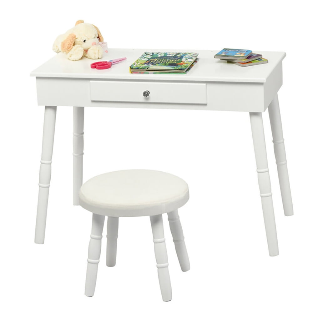 Kadyn Princess Makeup Table with Cushioned Stool, Vanity Desk with Mirror and Drawers, Bedroom Wood Dressing Table for Kids, White