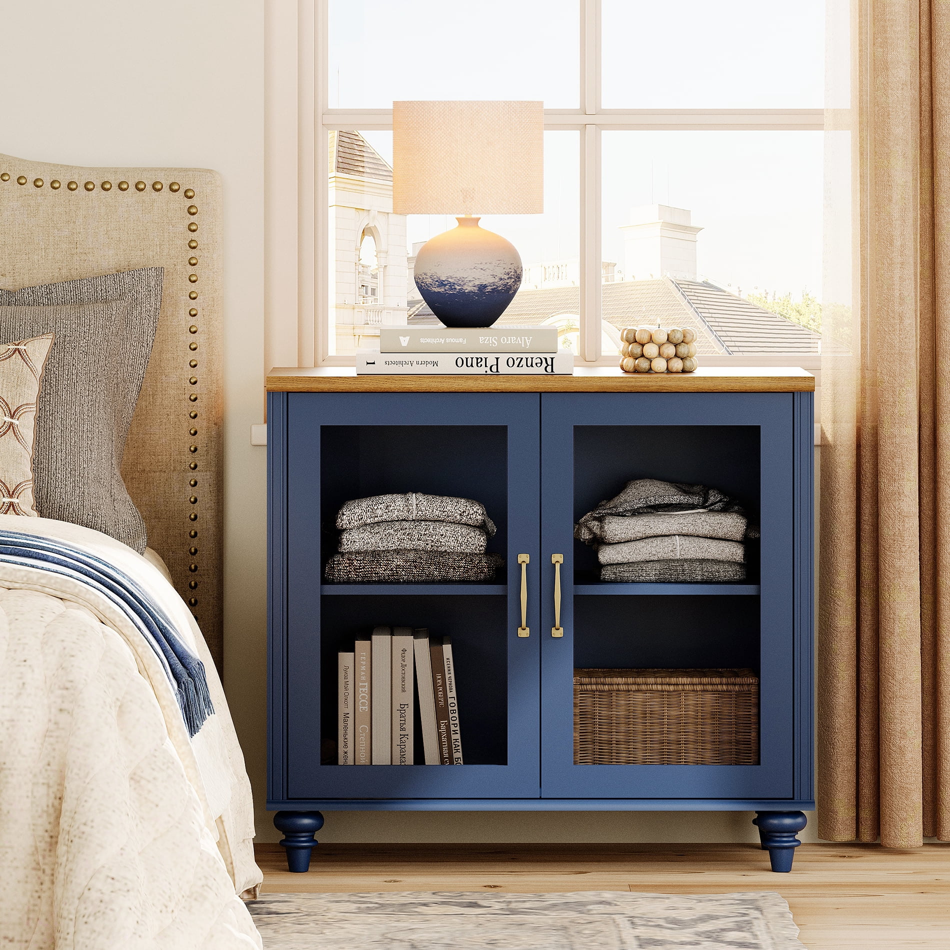 Navy Blue Set of 2 Farmhouse Nightstand with Glass Doors, Mid Century Modern Wide Storage Side Table for Bedroom and Living Room