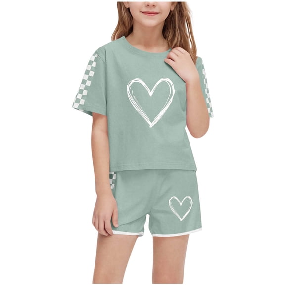 Generic Girls Heart Print Loose Tshirt Shorts 2 Pieces Summer Comfy Short Sleeve Cute Plaid Sweatsuit Outfits for 5-14 Years