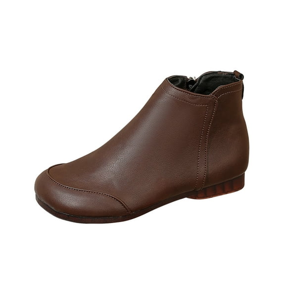 RXMEKW Winter Ankle Boots for Women with Side Zipper, Round Toe Flat Boots, Synthetic Leather in Black